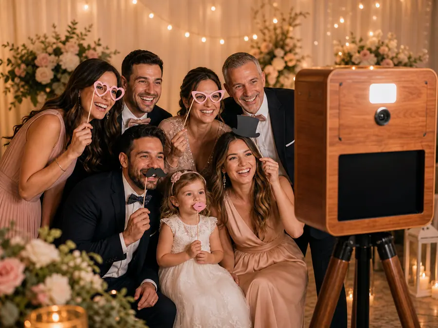 Invités d’une célébration familiale profitant du photobooth