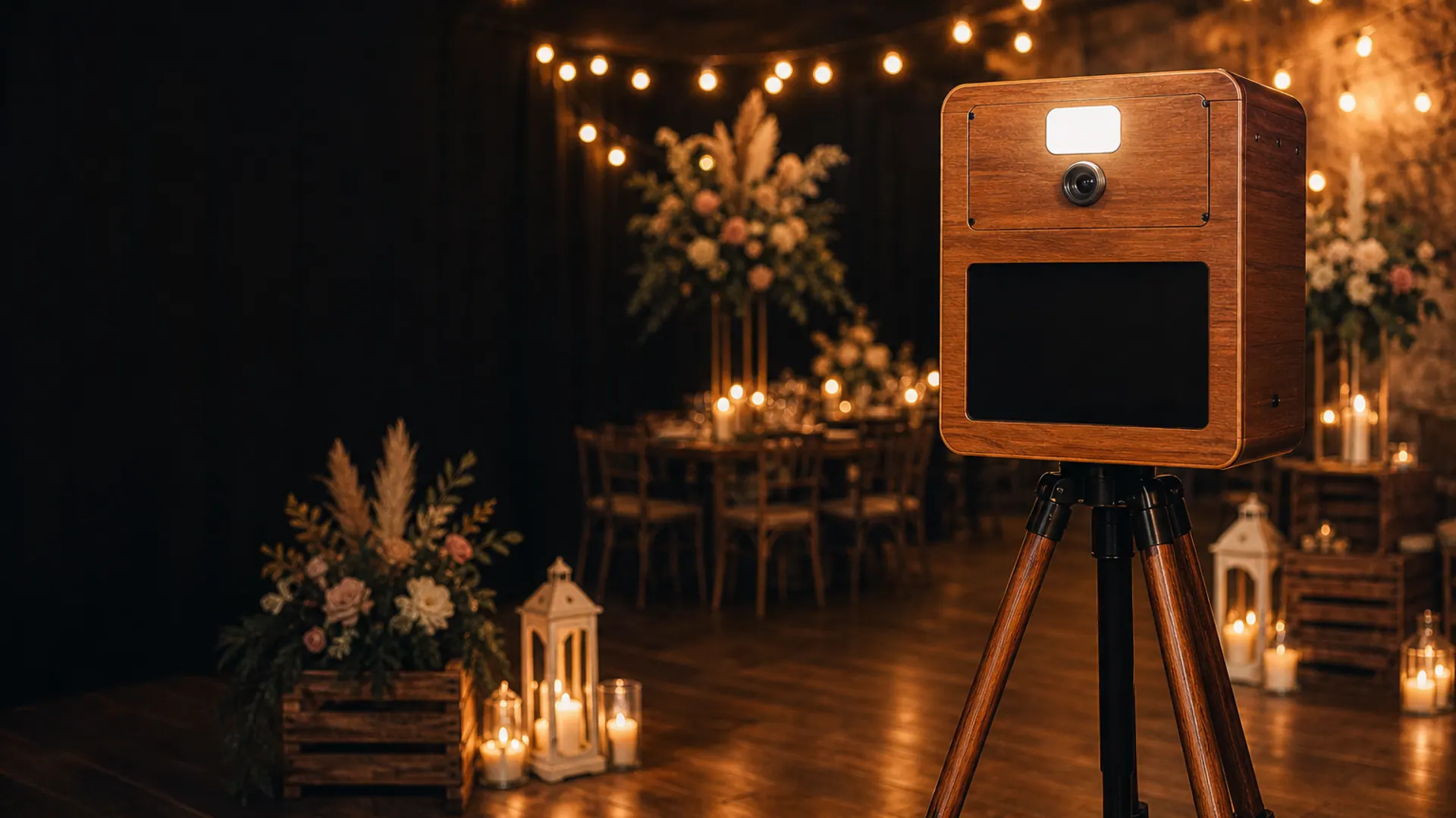 Photobooth haut de gamme en bois dans une ambiance d’événement chaleureuse
