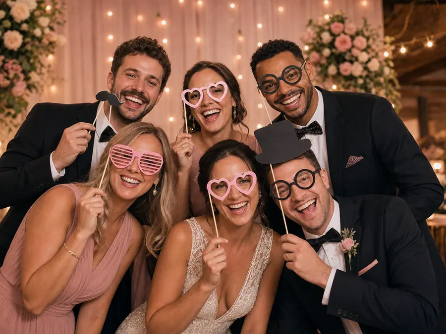 Invités de mariage souriants avec des accessoires de photobooth