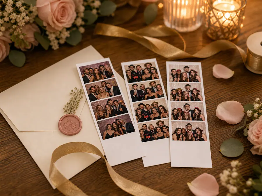 Tirages photobooth imprimés disposés sur une table élégante